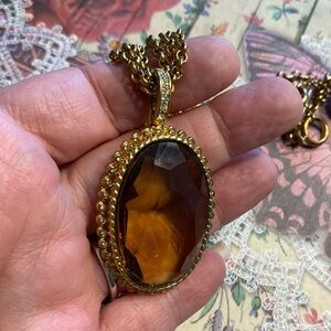 Vintage Monet Gold Tone Necklace with Large Amber color Pendant Art Deco